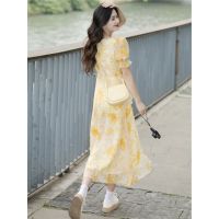 เสื้อผ้าแฟชั่นสำหรับสุภาพสตรี Tea atmosphere quality senior French platycodon grandiflorum retro tender feeling accept waist yellow floral chiffon dress children summer