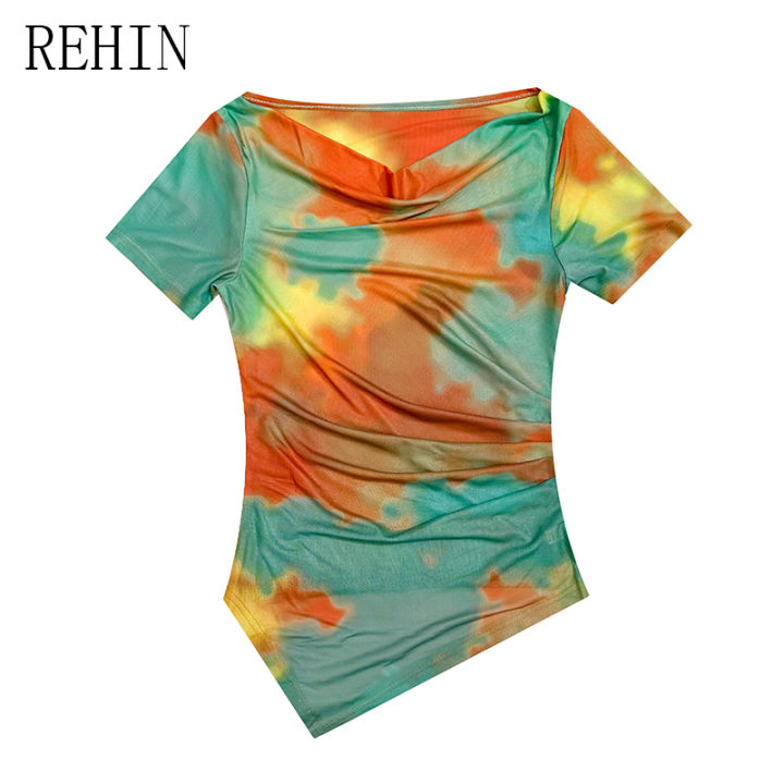 rehin-เสื้อผู้หญิงไม่เหมือนใครแฟชั่นใหม่ฤดูร้อนเสื้อยืดแขนสั้นพิมพ์ลายหมึกสีสันสดใส