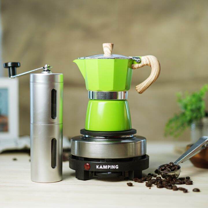 สีเขียว-kamping-ชุดกาต้มมอคค่าพอท-moka-pot-ลายไม้-เตาไฟฟ้า500w-เครื่องบดมือหมุน-2-1-ช้อนหนีบ