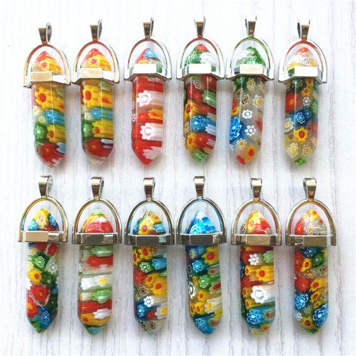 hot-thousand-flowers-glass-pillar-pendants-fashion-healing-charms-bullet-pendulum-necklace-making-accessories-wholesale-24pcs