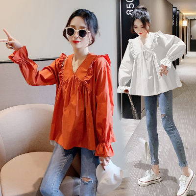 9232# 2022 Spring Korean Fashion Cotton Maternity Blouse Chic Ins Ruffle Loose Shirt Clothes for Pregnancy Women Tunic Tops