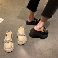 Patent Leather mules metal chain pearl bowknot women slippers creepers sandals platform shoes thick soled cover toe slides