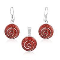 Silver thai Silver Spiral Design Red Round Pendant and Earrings Setต่างหูวงกลมสีน้ำตาลแดงรูปก้นหอยเงินแท้925