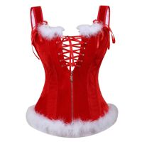 【CW】 Sexy Santa Strap Corset Vest Women Zipper Red Feather Corsets Bustiers Lingerie Top Naughty Christmas Costumes Plus Size S 6XL