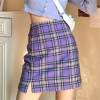 COD ❁☃❅ The Nonexistent Shop32dsgd0 Vintage Purple Plaid Mini Skirts Women Summer Korea Split Office Lady Casual Short Pleated Skir