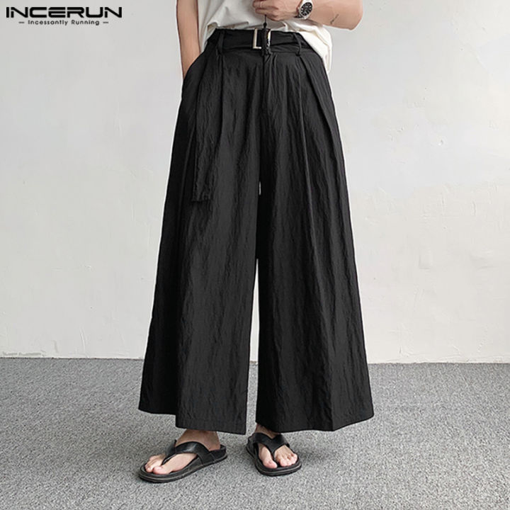 INCERUN Mens Wide Leg Comfortable Plain Belted Trousers Casual