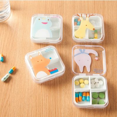 【YF】 4 Slots Transparent Cute Cartoon Mini Storage Medicine Pill Box Portable Empty Plastic Container Cases Travel Accessories