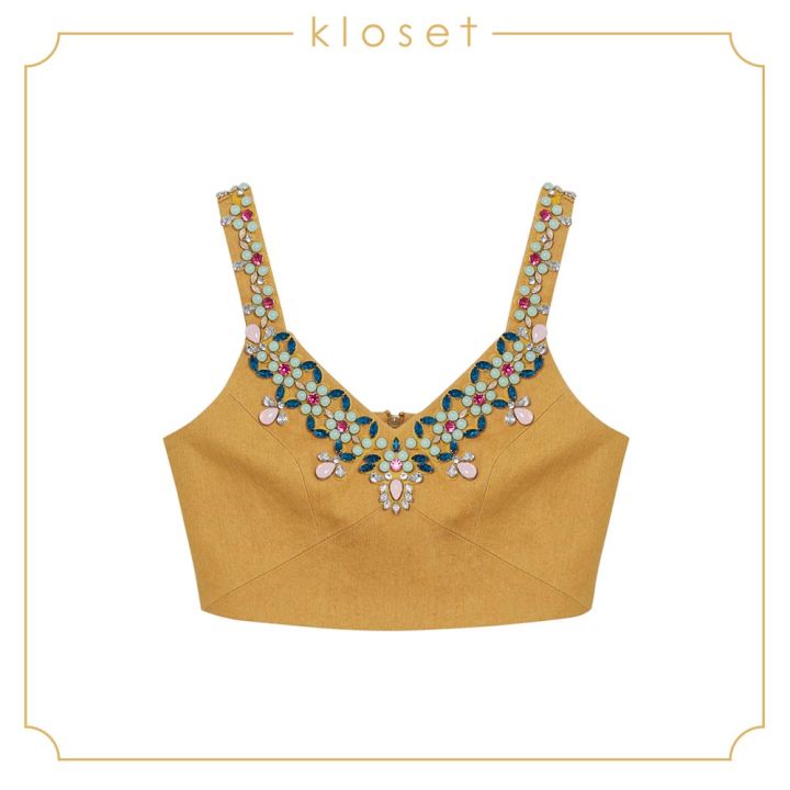 kloset-embellished-crop-top-ss19-t001-เสื้อผ้าผู้หญิง-เสื้อผ้าแฟชั่น-เสื้อสายเดี่ยว-เสื้อผ้ายีน-เสื้อยีน-เสื้อปัก