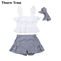 Thorn Tree 3 ชิ้นเด็กวัยหัดเดินเด็กเสื้อผ้าเด็กผู้หญิงเสื้อครอป + กางเกงขาสั้นลายทาง + ชุดเครื่องแต่งกายที่คาดผม