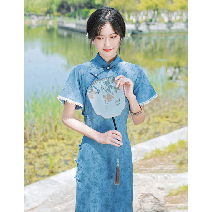 ในสต็อก-ปรับปรุง-cheongsam-2022ใหม่ทุกวันสาวเล็กชุดชีฟองสีฟ้าฤดูใบไม้ผลิและฤดูร้อน