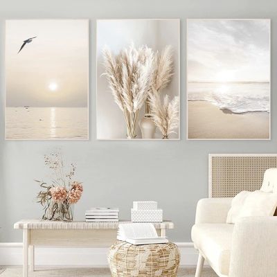 Nordic Coastal Scenery Canvas Paintings Beach Sunset Seagull Grass Poster Print Wall Art Pictures for Living Room Home Decor