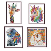 【hot】℡  Colorful animal giraffe horse eagle count cross stitch kit 14ct printed needlework embroidery hand-stitched