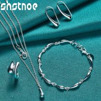 【lz】✿♣﹍  4pcs 925 Sterling Silver Mulher Água Gota Raindrop Brincos Anel Cadeia Colar Pulseira Jóias Conjuntos Lady Aniversário Presente De Casamento