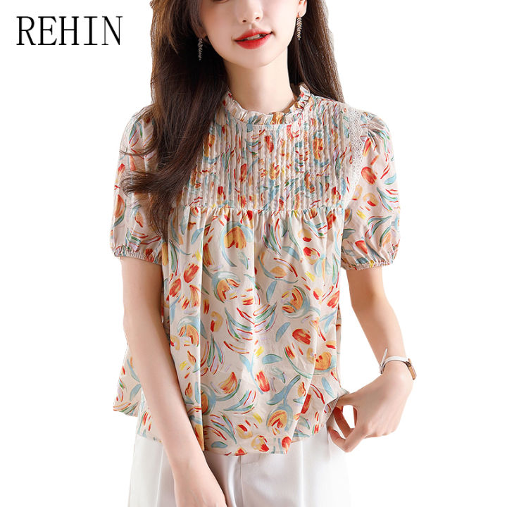 rehin-เสื้อแขนสั้นผู้หญิง-เสื้อครึ่งปกสูงขอบแต่งระบายดอกไม้เสื้อสตรีแขนยาวฟองฤดูร้อน