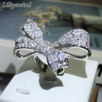 Liliyawind สไตล์เกาหลี Bright Zircon Bow เปิดแหวนเงินสำหรับผู้หญิงเครื่องประดับที่ละเอียดอ่อน A1R