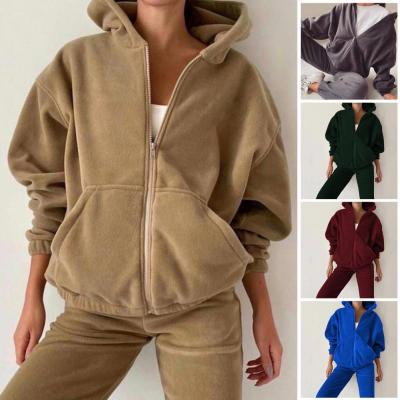 2Pcs/Set Long Sleeves Two Pockets Zipper Placket Shrinkable Cuffs Women Tracksuit Suit Fall Winter Solid Color Hooded Sweatshirt