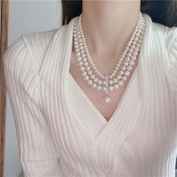 19 3 Rows Cultured Natural White Pearl Necklace Cz Pendant