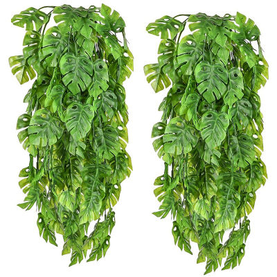 2 PCS Artificial Hanging Plants Fake Vine Fake Hanging Rattan Monstera Leaves Greeny Outdoor UV Resistant Plants Greeny