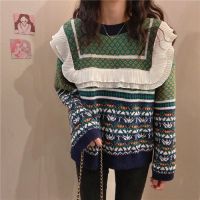 OCEANLOVE Autumn Winter Women Sweaters Japan Style Ruffles Print Vintage Warm Pull Femme Casual 2021 Sueters De Mujer Sweet