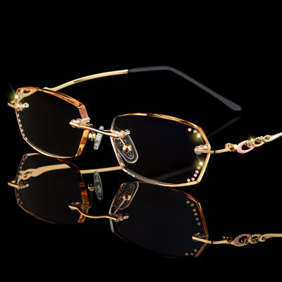 Diamond Reading Glasses Women Rimless Diopter Eyewear Fashion Ladies Read Eyeglasses Tint Brown Grey Lens