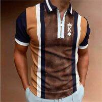 The new mens short sleeve leisure stripe grid printed zipper jumper