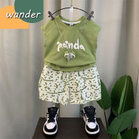 WANDER เสื้อเช็้ตเด็กชาย ชุดเด็กผู้ชาย พิมพ์ลายการ์ตูนหมีน่ารัก เซ็ตเสื้อแขนกุดกางเกงขาสั้นเด็กชาย 2383