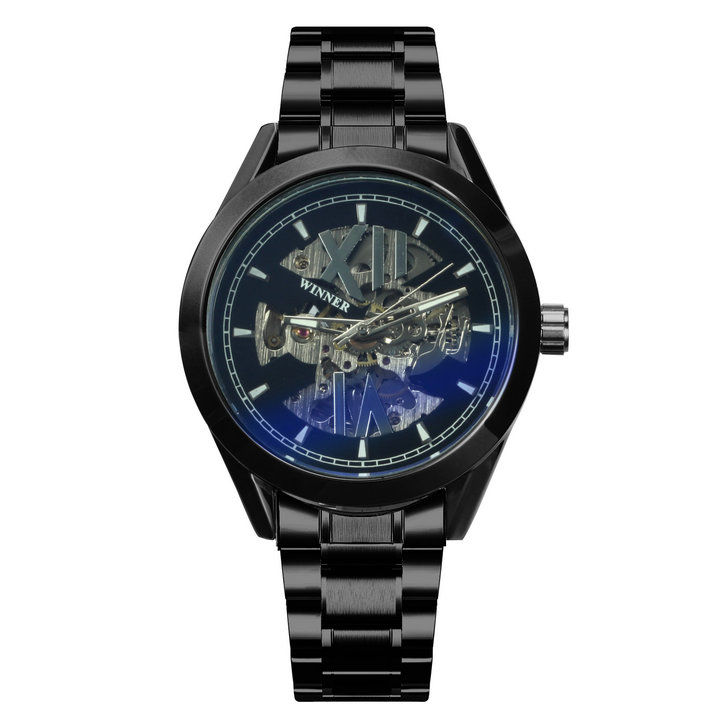 2021Winner Blue Light Glass Automatic Watch Black Mens Watches Top Brand Luxury Luminous Stainless Steel Mechanical Clock часы муж