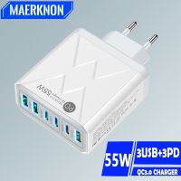 เครื่องชาร์จ6พอร์ตหลายพอร์ตแบบ T017 USB เกาหลี55W QC3.0ชาร์จไฟ Type C ความเร็วสูงผนังอะแดปเตอร์สำหรับ