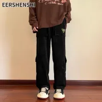 EERSHENSHI ชุดเอี๊ยมขาตรงสไตล์ญี่ปุ่นสำหรับผู้ชาย,ชุดเอี๊ยมกางเกงขายาวลำลองมีเชือกรูดย้อนยุคกางเกงลำลองหนา