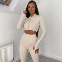 2021 Autumn Winter Women 2 Two Piece Set Long Sleeve Crop Tops Tshirt Leggings Pants Set Bodycon Sport Fitness Tracksuit