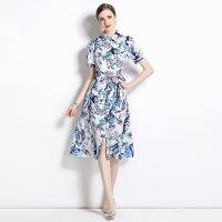 Women Dress Spot Real  Elegant Short Sleeve  Vintage Printed Midi Dress