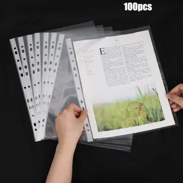 100Pcs Durable A4 Clear Plastic Punched Pockets Folders Filing Sleeves  Document Files & Papers Protector