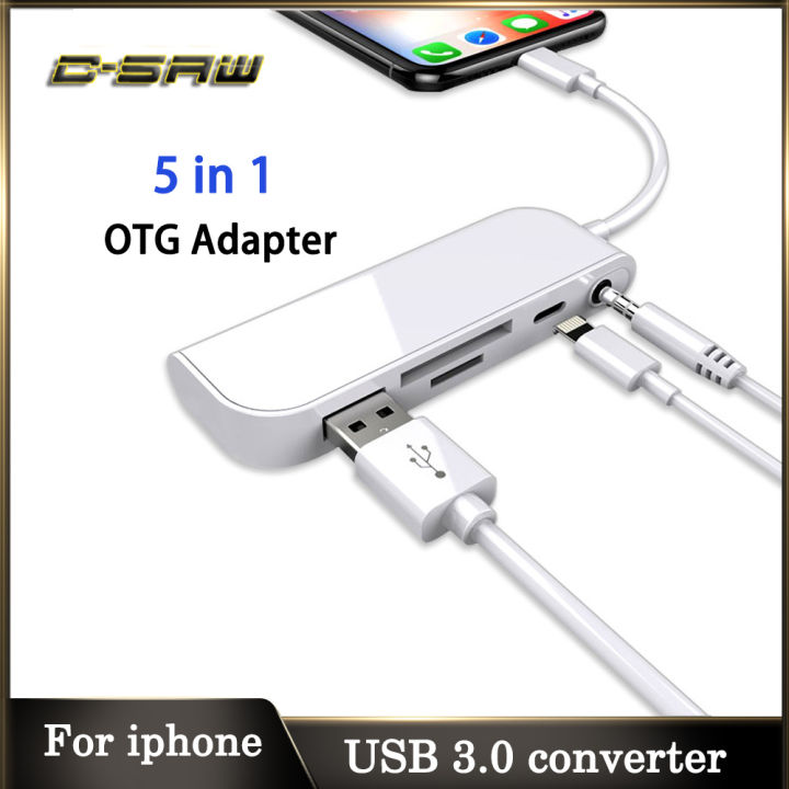 C-SAW Bộ Chuyển Đổi 5 Trong 1 Lightning Sang USB OTG, Bộ Đầu Đọc Máy In Thẻ  SD/TF Cáp OTG Cho iPhone 12 11 X XS 8/7 iPad USB  