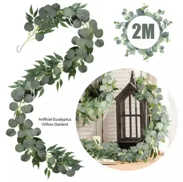 PARTY JOY 2M Artificial Eucalyptus Garland with Willow Leaves Fake Greenery  Garland Vines Leaves for Wedding Home Table Decor