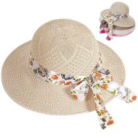 Wide Brim Imitated Straw Sun Hats Long Floral Ribbon Bowknot Knitted Cap for Women Summer Outdoor Travel Beach Hat Panama Caps