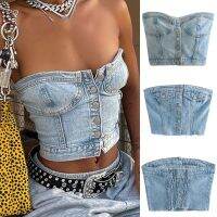 Denim Chest Crop Vest Top ที่ไม่มีสายหนังผู้หญิงเซ็กซี่ปุ่มรัดตัวฤดูร้อนสุภาพสตรี Blue Pleats สูงเอว Cami