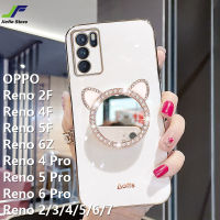 JieFie เคสน่ารักสำหรับ OPPO Reno 2F / 4F / 5F / 6Z / 7Z / 8Z / 8T / 2 / 3 / 4 / 4 Pro / 5 / 5 Pro / 6 / 6 Pro / 7 / 7 Pro / 8 / 8 Pro / 9 / 9 Pro กระจกแต่งหน้าเคสโทรศัพท์ Chrome ฝาครอบโทรศัพท์สี่เหลี่ยม TPU นุ่มมันวาวพร้อมขาตั้งโทรศัพท์