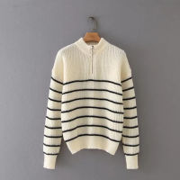 Za Sweaters Women  Fashion Striped Loose Zipper Knitted Sweaters Vintage Long Sleeve Polo Neck Autumn Winter Pullover Tops