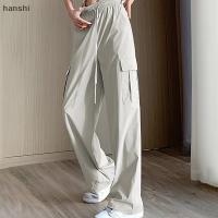 hanshi [2023 new HOT FASHION] lazlook กางเกงขากว้างแบบลำลองแนวไฮสตรีทสำหรับผู้หญิงกางเกงคาร์โก้แห้งเร็วมีกระเป๋าเชือกรูดขนาดใหญ่มีกระเป๋า