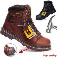 HOT ●⊙ CAT Mens First Layer Cowhide Martin Bootsรองเท้าเซฟตี้ผู้ชายรองเท้าบูทหุ้มข้อหนังแท้ Ankle Work Steel Toe Safety Boots 8Q0q