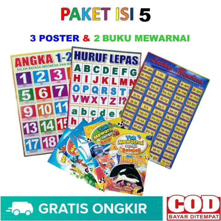 Paket 5 Isi 3 Lembar Poster Angka 123 Huruf Abjad Alfabet ABCD Belajar Membaca Dan 2 Buku ...