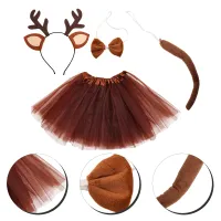 Funnmall 1 เซ็ตคอสเพลย์ Reindeer เครื่องแต่งกาย Antler แถบคาดศีรษะสัตว์หูแถบคาดศีรษะ Bowtie หางสัตว์ Tutu กระโปรง