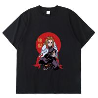 เสื้อยืดผู้ชายทรงหลวมแขนสั้นพิมพ์ลายอนิเมะญี่ปุ่นการ์ตูน Demon Slayer ลายการ์ตูน Rengoku Kyoujuriu ฮิปฮอปกีฬา St