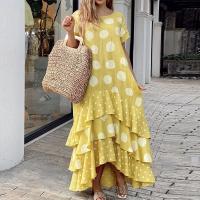 【YF】 Women Casual Sleeveless Print Loose Dress Summer O-Neck Stitching Ruffle Long Beach Leisure Streetwear Party Vestido