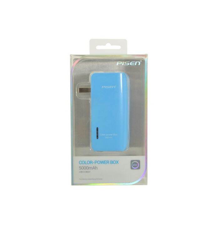 pisen-แบตสำรองแท้-5-000-mah-พาวเวอร์แบงค์-color-power-box-ปลั๊กไฟในตัว-เก็บประจุเต็มที่ได้ยาวนาน-usb-5v-2a-รูปทรงขนาดกระทัดรัดจับถนัดกระชับมือ-สีฟ้า