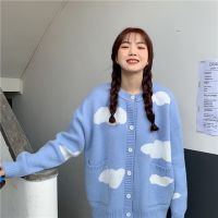 Korean Ins Sweet Knitted Cardigan Blue Sky White Clouds Female Loose Round Neck Student Cardigan