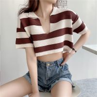 Striped V-neck short-sleeved knitted loose top