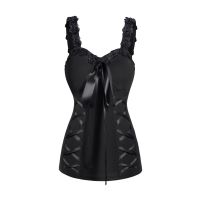 Black Color Lace Up Gothic Tank Top For Women Streetwear Cool Style Rhinestone Floral Lace Embellishment Tie Knot Camisole