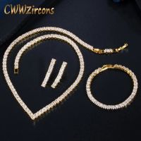 CWWZircons Glitering Yellow Gold Color Princess Cut Cubic Zirconia Necklace Earring Bracelet Women Party Dress Jewelry Sets T414