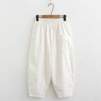 【มีไซส์ใหญ่】Plus Size Womens Full Cotton 8/10 Summer Pants Elastic Waist Solid Color Vintage Harem Pants